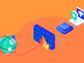 Un firewall protege tu red. Un globo atómico se conecta a través de un muro de ladrillos en llamas a un dispositivo y luego a un portátil con un escudo de seguridad.