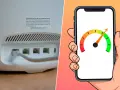 Velocidad de internet en un smartphone, con un medidor de rendimiento alto, junto a un router con puertos 2.5 GbE y 10 GbE, anticipando el futuro IEEE 802.11be.