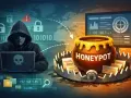 Un hacker acecha tras un portátil con calavera. Un **honeypot** atrae con falsos datos en una trampa.