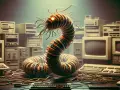 Un gusano morris, hecho de cables y circuitos, emerge de una pila de computadoras antiguas.