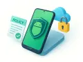Un teléfono con un escudo de Android, un documento de "POLICY" y un candado en una nube. Así funciona la device policy para proteger tus datos.