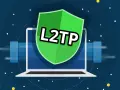 Un portátil con un escudo verde que dice "L2TP" sobre un fondo azul oscuro con engranajes y puntos.