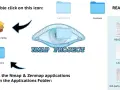 Instrucciones para instalar Nmap. Muestra el paquete de instalación, la carpeta de aplicaciones y el logo de Nmap Project. Se mencionan comandos nmap.