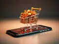 Carrito de compras lleno de cajas doradas sobre un teléfono móvil, simbolizando una posible estafa de compra online.