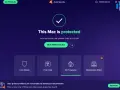 Interfaz de Avast Security mostrando "This Mac is protected". Ofrece un escaneo inteligente y opciones como Core Shields, Virus Chest, Wi-Fi Inspector y Ransomware Shield. Es un antivirus para Mac gratis.