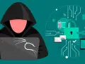 Figura de un hacker con capucha usando un portátil con el logo de Kali Linux. A su lado, un círculo con iconos de seguridad y un sniffer de red.