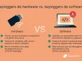 Comparativa de keyloggers: hardware (USB) vs. software (malicioso). El software keylogger es más común y difícil de detectar.