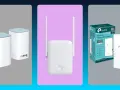 Tres repetidores Wi-Fi: dos blancos cilíndricos, uno blanco Xiaomi y un TP-Link con caja. Aprende como instalar un repetidor de wifi.