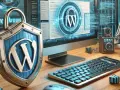 Escudo de seguridad de WordPress con un candado y un monitor que muestra código. La imagen evoca una amenaza digital.