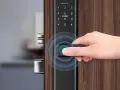 Mano desbloquea puerta con huella digital en cerradura inteligente. ¿Son seguras las cerraduras inteligentes? ¡Sí, con tecnología biométrica!