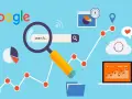 Gráficos, lupa y el logo de Google. Representa la inteligencia x en la búsqueda de datos y análisis.