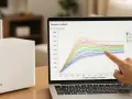 Un dedo señala un gráfico de análisis de red en una laptop, mostrando el rendimiento de varios canales Wi-Fi. Un router Wi-Fi blanco está al lado.