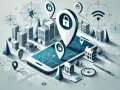 Representación de geolocalización en un teléfono, con edificios, marcadores de ubicación y diagramas de redes.