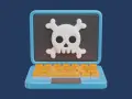 Un portátil azul con un teclado naranja muestra una calavera y tibias cruzadas, un símbolo de peligro. Esto ilustra qué es el scareware.