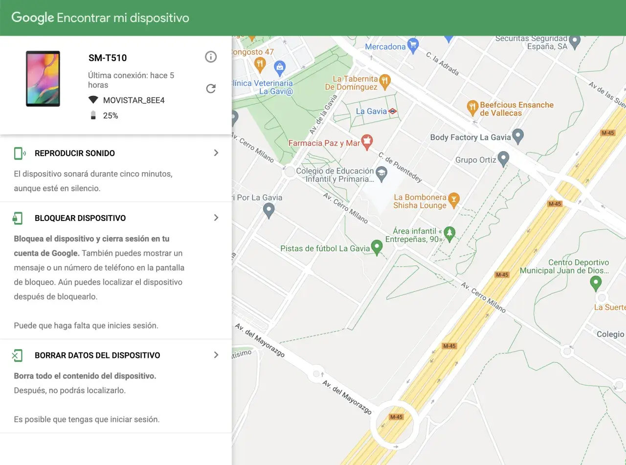 Pantalla de "Encontrar mi dispositivo" de Google. Muestra un tablet SM-T510 y un mapa. ¡No encuentro mi móvil!