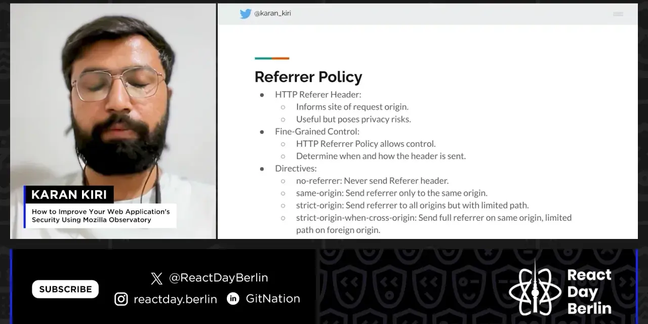Karan Kiri explica la política de Referrer, detallando cómo mejorar la seguridad web usando Mozilla Observatory.
