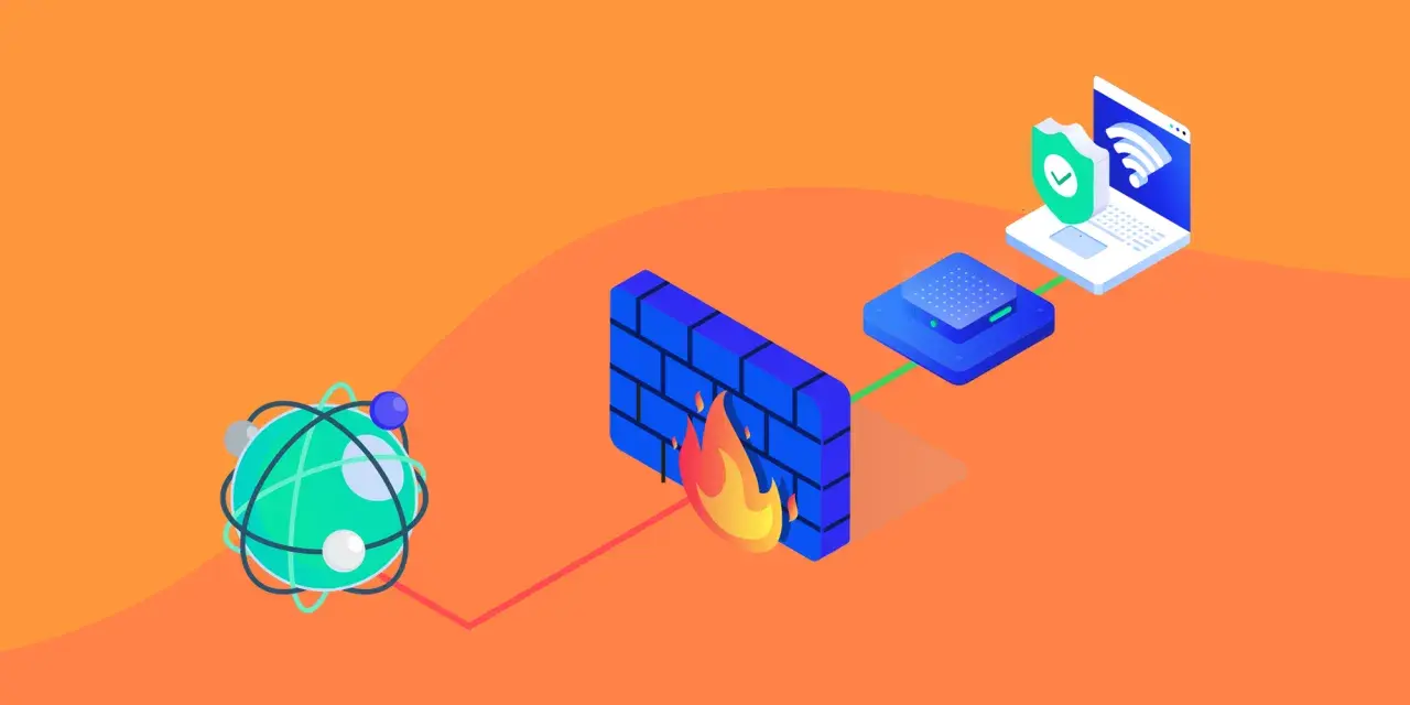 Un firewall protege tu red. Un globo atómico se conecta a través de un muro de ladrillos en llamas a un dispositivo y luego a un portátil con un escudo de seguridad.
