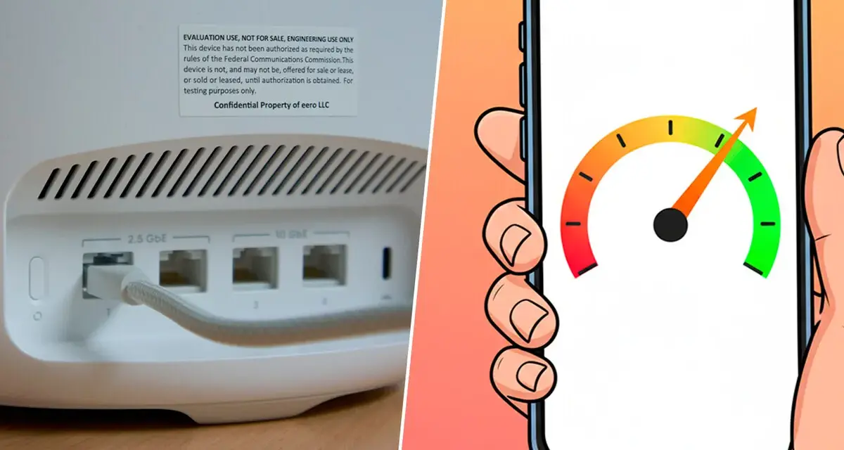 Velocidad de internet en un smartphone, con un medidor de rendimiento alto, junto a un router con puertos 2.5 GbE y 10 GbE, anticipando el futuro IEEE 802.11be.
