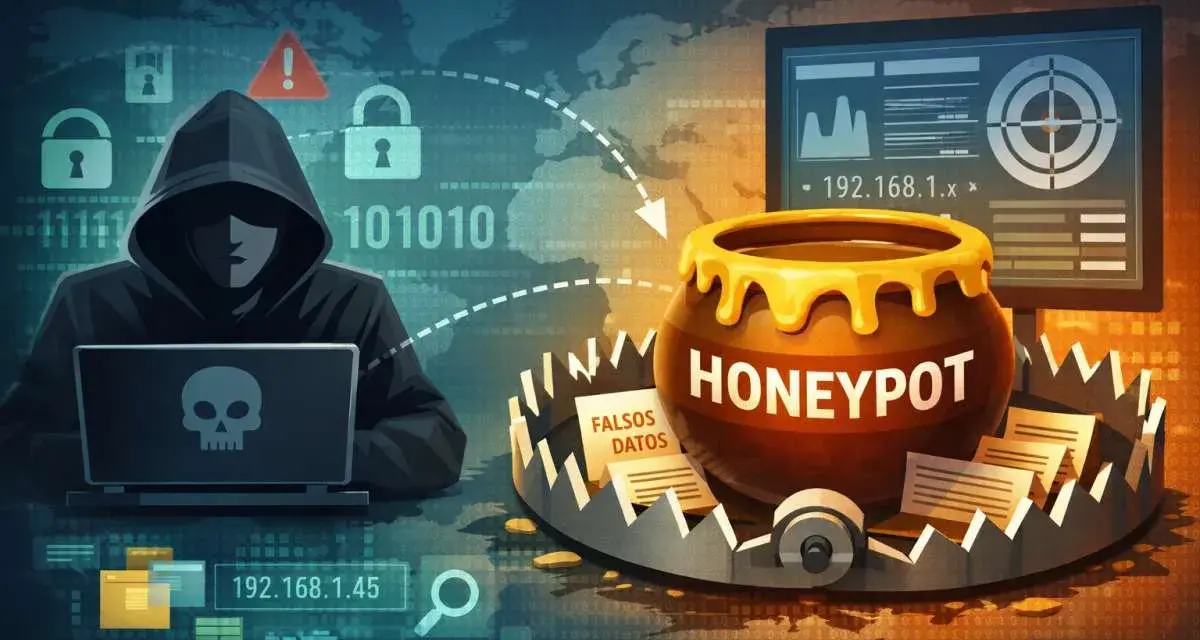 Un hacker acecha tras un portátil con calavera. Un **honeypot** atrae con falsos datos en una trampa.