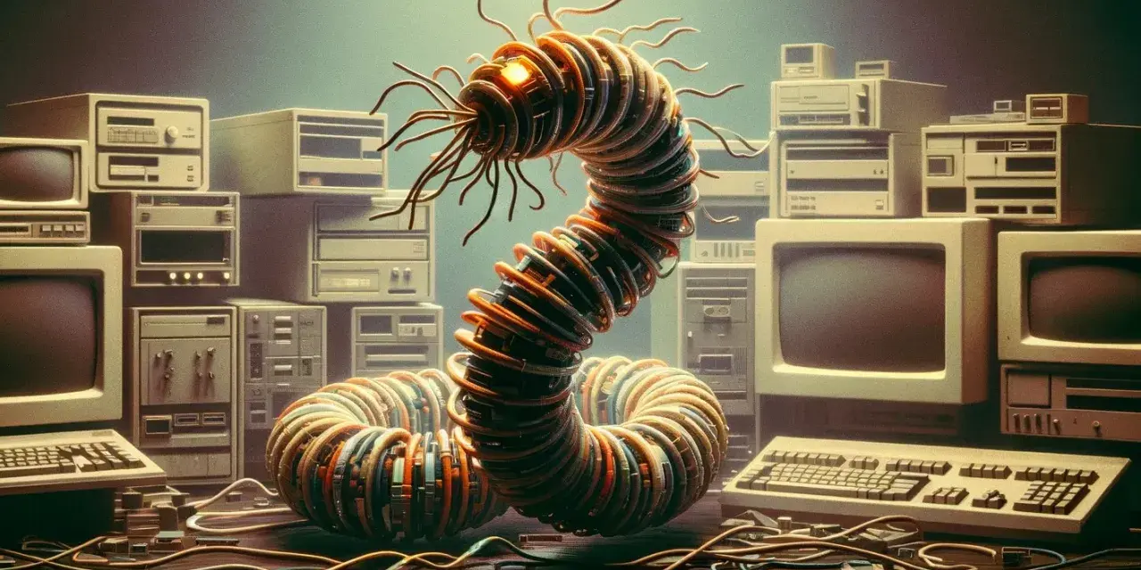 Un gusano morris, hecho de cables y circuitos, emerge de una pila de computadoras antiguas.