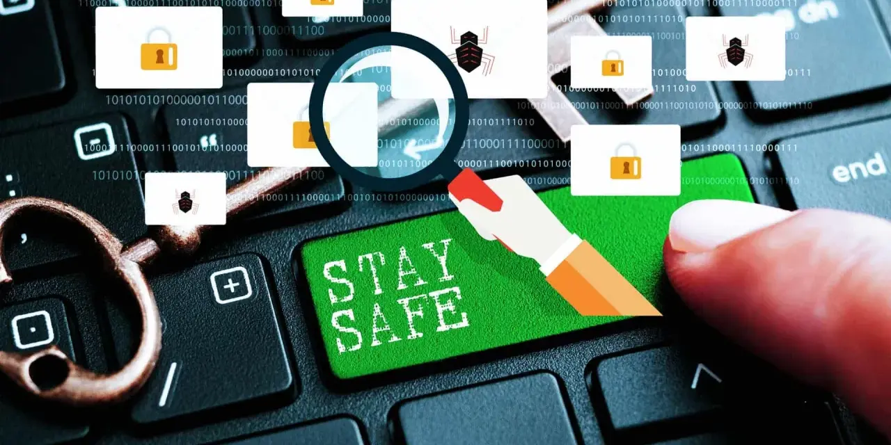 Un dedo presiona "STAY SAFE" en un teclado. Iconos de sobres con candados y arañas sugieren un enlace seguro y amenazas.