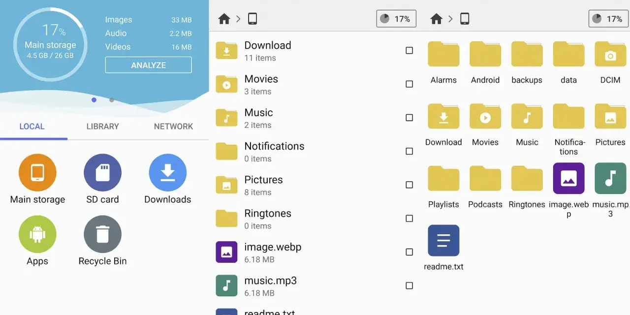 Explora carpetas como "Descargas", "Música" y "Fotos" en tu almacenamiento principal. Busca aplicaciones ocultas y gestiona tus archivos.