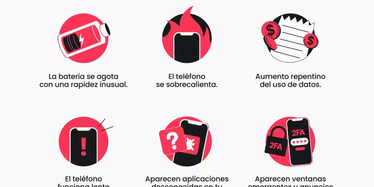 Señales de que te han hackeado el móvil: batería se agota rápido, sobrecalentamiento, uso de datos alto, lentitud, apps desconocidas y anuncios extraños.