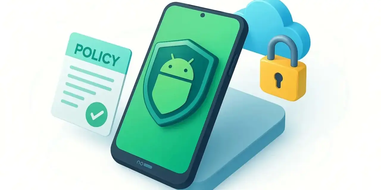 Un teléfono con un escudo de Android, un documento de "POLICY" y un candado en una nube. Así funciona la device policy para proteger tus datos.