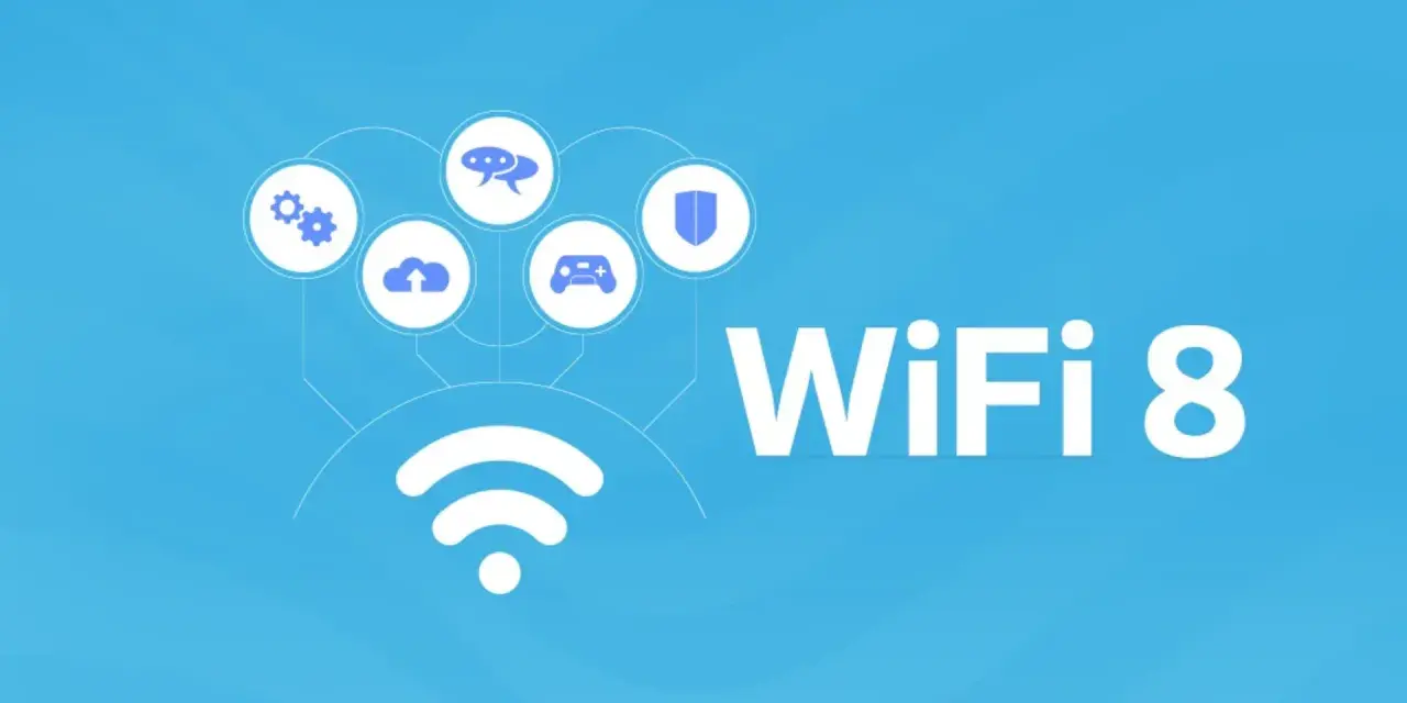 Iconos de configuración, nube, chat, mando y escudo conectados a un símbolo de wifi. Texto "WiFi 8".