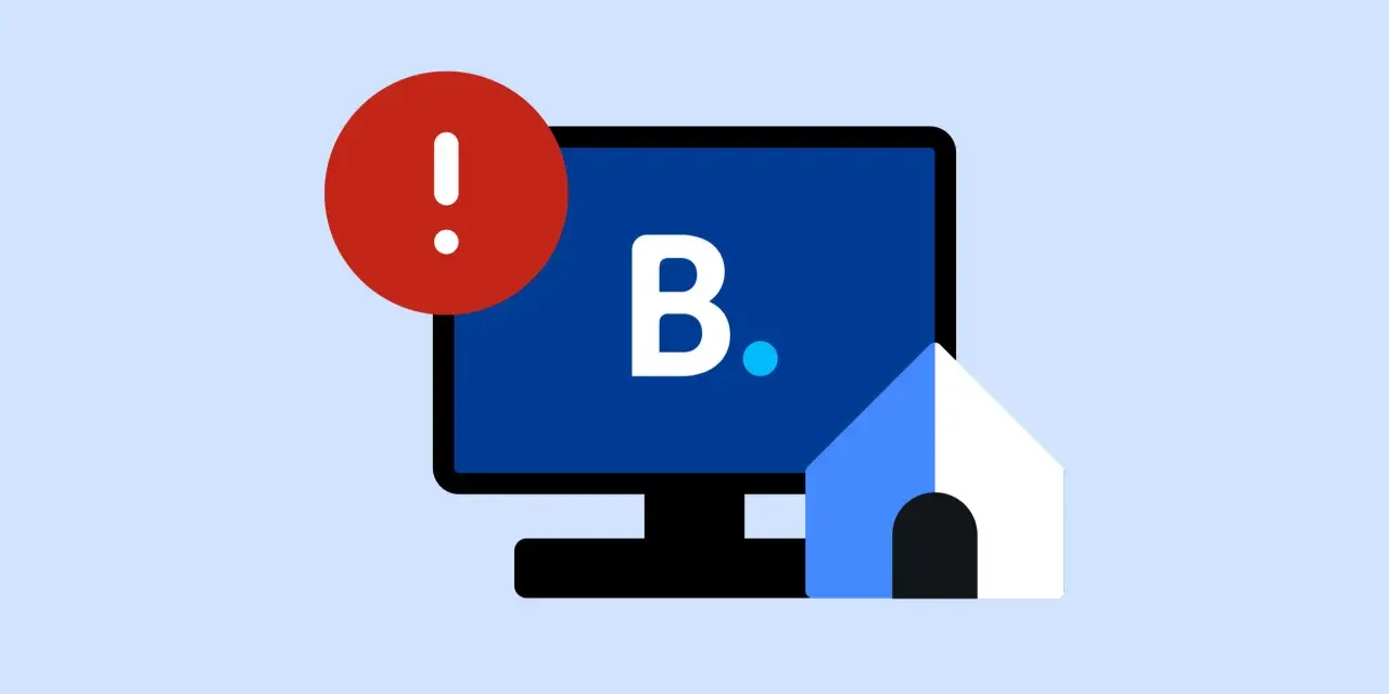 Alerta de posibles reservas falsas en Booking. Un monitor muestra la letra B y una casa estilizada, con un signo de exclamación rojo.