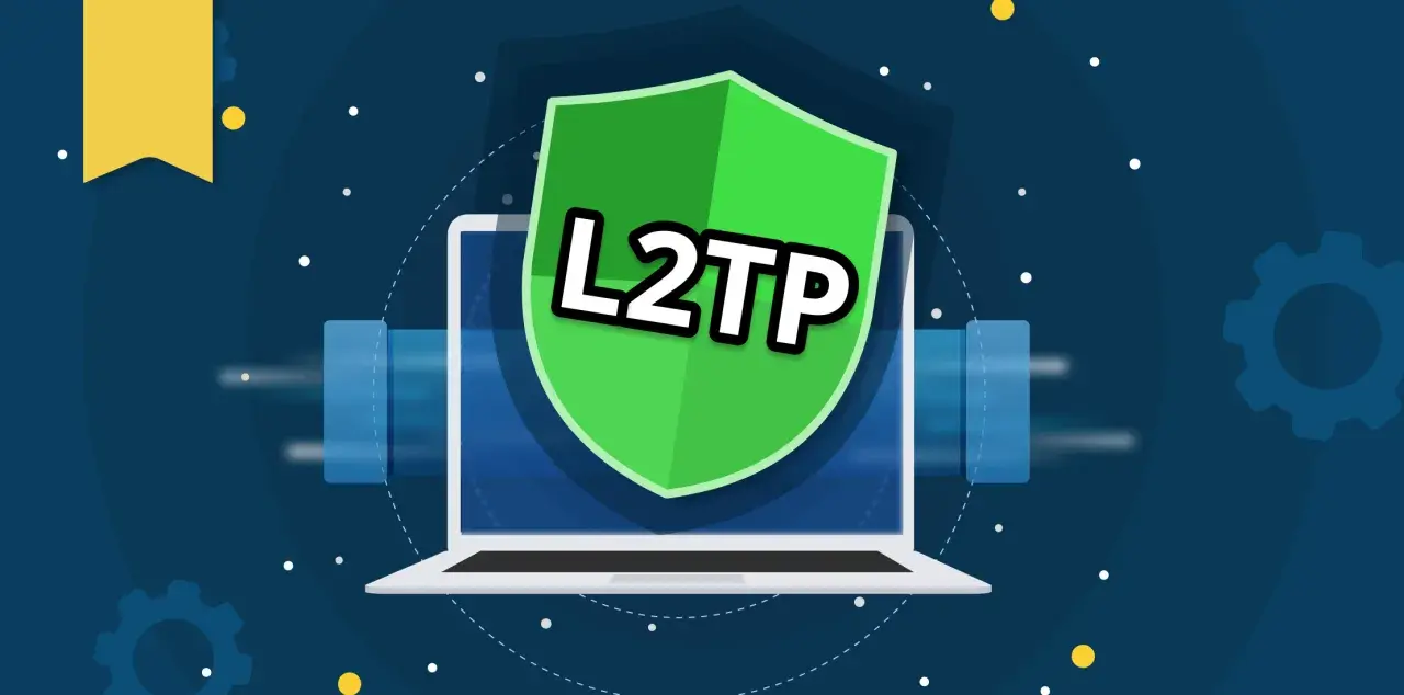 Un portátil con un escudo verde que dice "L2TP" sobre un fondo azul oscuro con engranajes y puntos.