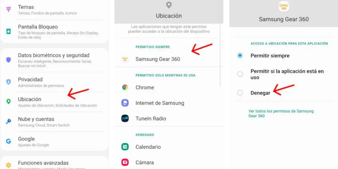Configuración de ubicación en Android. Se muestra cómo denegar el permiso de ubicación a Samsung Gear 360.