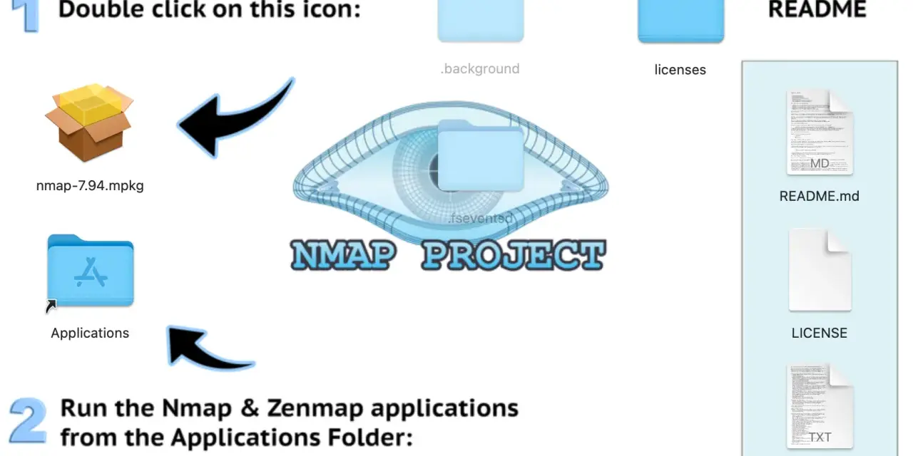 Instrucciones para instalar Nmap. Muestra el paquete de instalación, la carpeta de aplicaciones y el logo de Nmap Project. Se mencionan comandos nmap.
