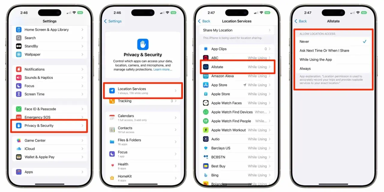 Configura tu iPhone para cambiar ubicación de Allstate. Accede a Privacidad y Seguridad, luego a Servicios de Ubicación y elige la opción deseada.