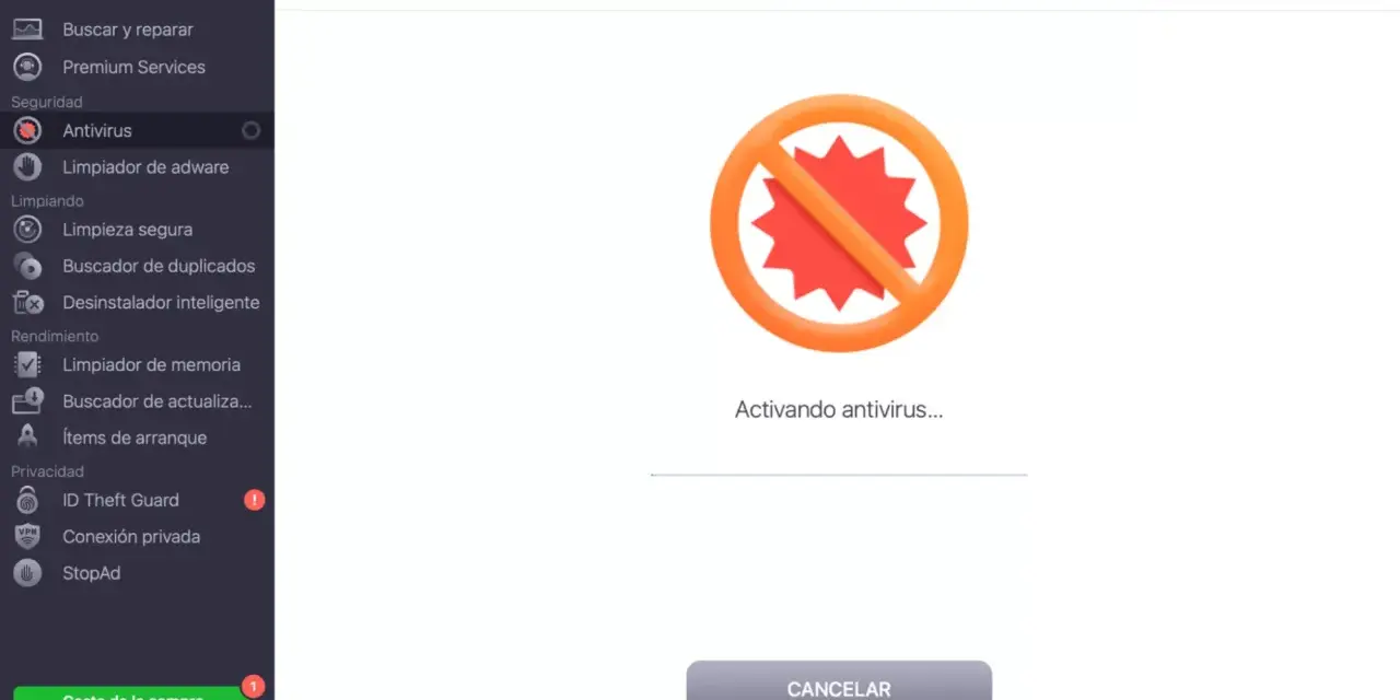 Icono de prohibido con un virus rojo en el centro, indicando que se está activando el antivirus en Mac.