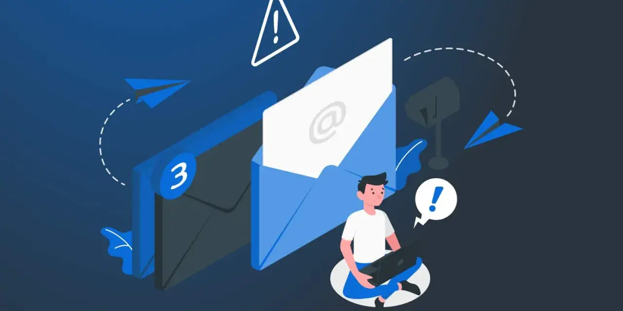 Un hombre con portátil recibe correos sospechosos, una advertencia de qué es phishing.
