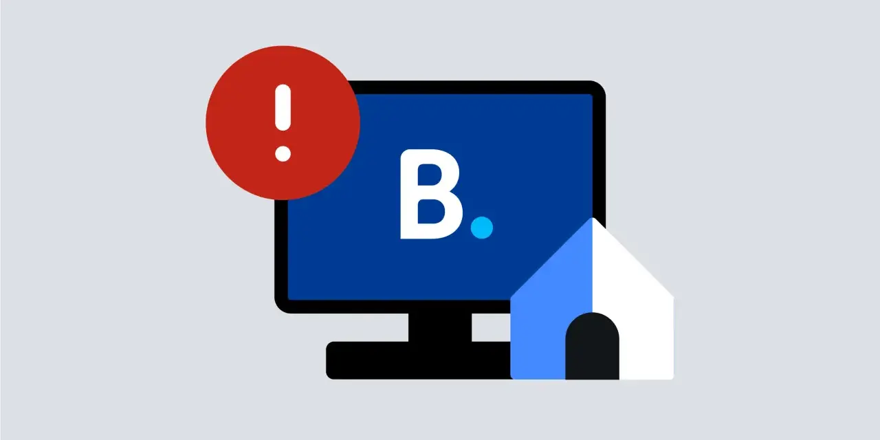 Alerta en pantalla de ordenador con el logo de Booking.com y una casa. Booking es fiable, no te preocupes.