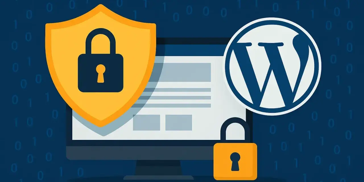 Escudo y candados protegen un monitor con el logo de WordPress. La **seguridad WordPress** es clave.