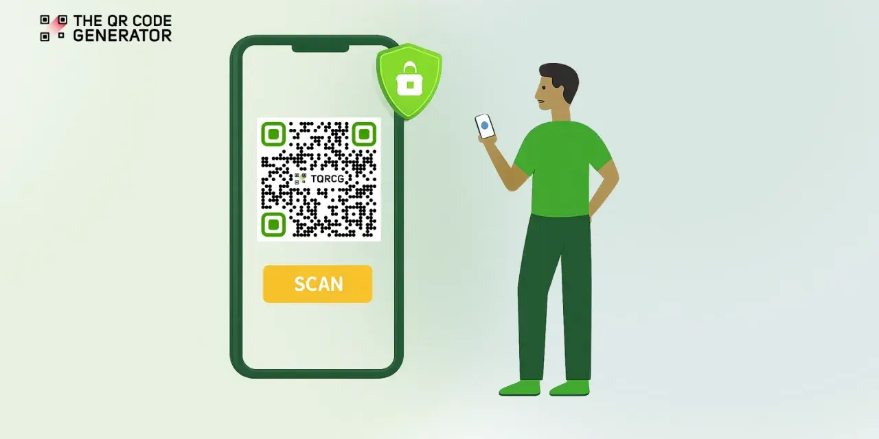 Hombre escanea un código QR en un teléfono. Un escudo de seguridad verde con un candado indica que es un QR falso.