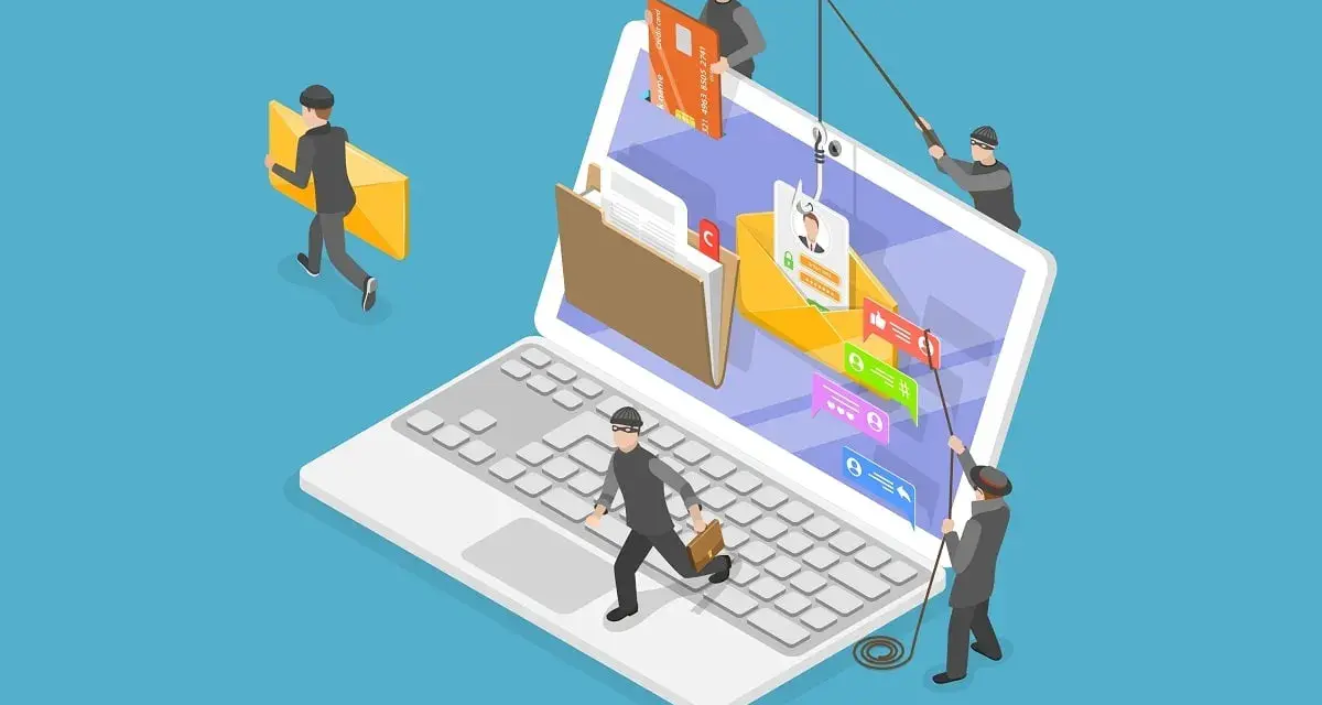 Ladrones intentan robar datos de una laptop, mostrando cómo saber si un correo es falso y evitar el phishing.