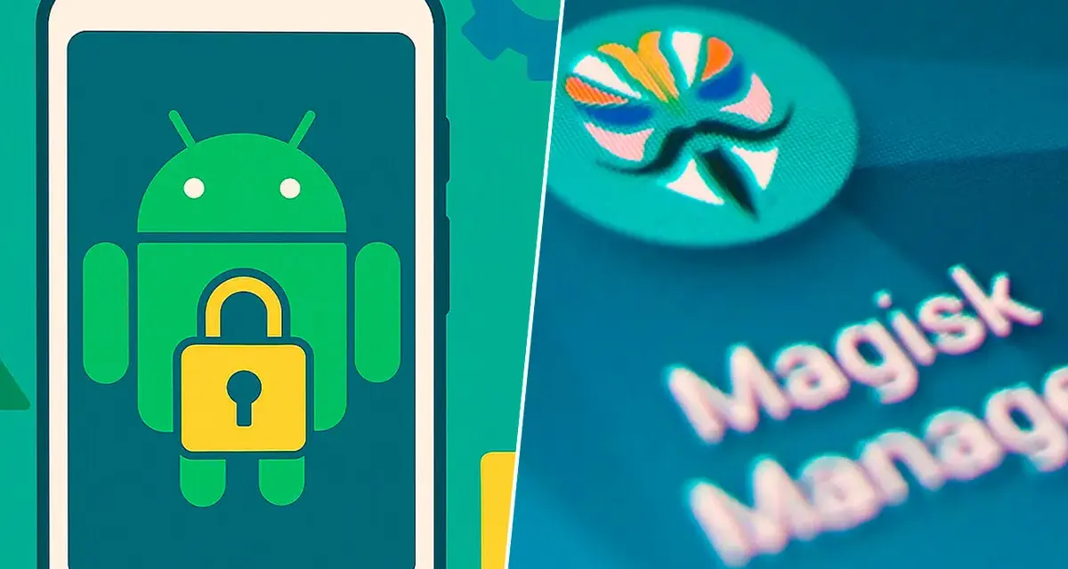 Icono de Android con candado y logo de Magisk, ilustrando el proceso de rootear Android para mayor control.