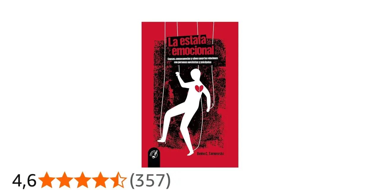 Portada de "La estafa emocional", con una figura blanca manipulada por hilos, corazón roto.