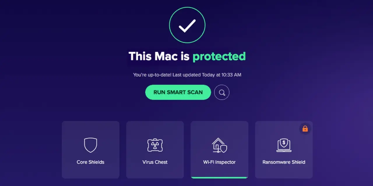 Interfaz de Avast Security mostrando "This Mac is protected". Ofrece un escaneo inteligente y opciones como Core Shields, Virus Chest, Wi-Fi Inspector y Ransomware Shield. Es un antivirus para Mac gratis.