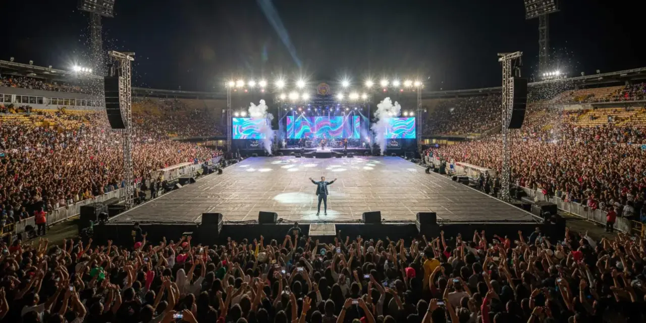 Artista en un estadio ante miles de fans. La multitud levanta sus teléfonos, como si quisieran saber **como ver ubicación en tiempo real** de sus amigos en el concierto.