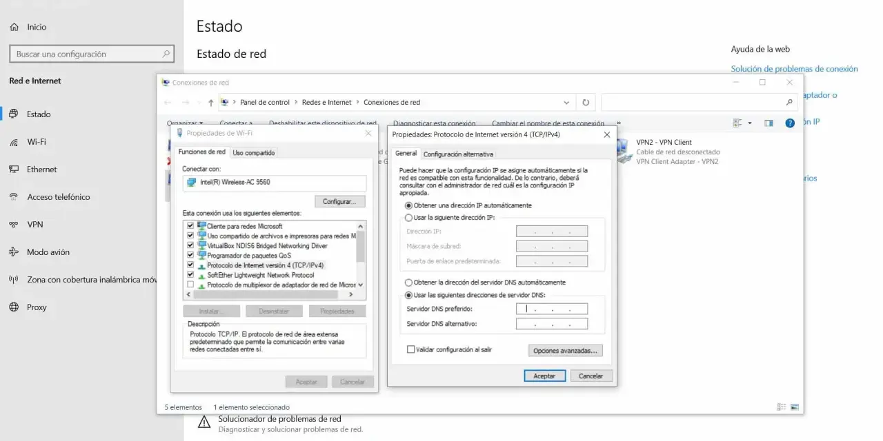 Ventana de configuración de red, mostrando opciones para borrar DNS y configurar la conexión.