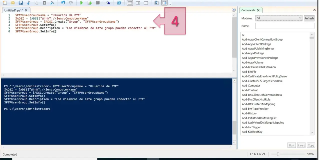 Script de PowerShell para crear un grupo de usuarios FTP. El número 4 señala la acción de ejecutar el script.