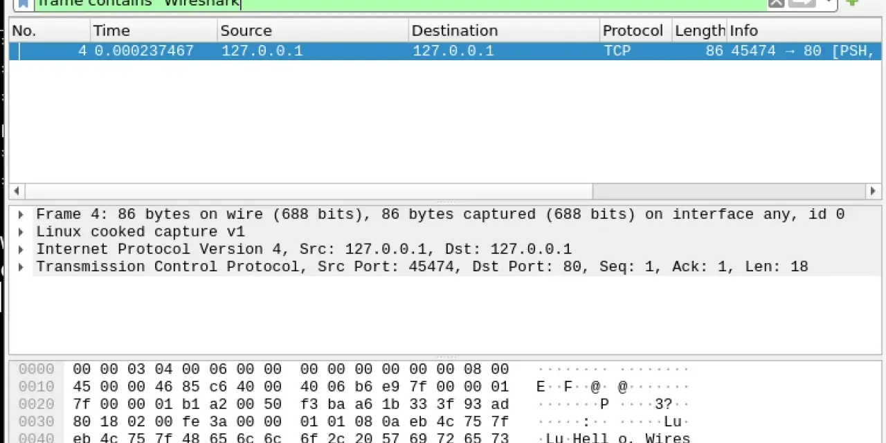 Captura de paquetes en Wireshark. Muestra un paquete TCP con información de origen y destino, útil para un wireshark tutorial.