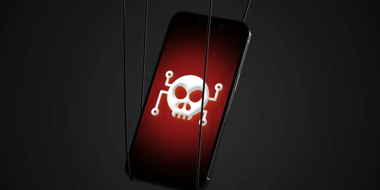 Un iPhone con un símbolo de calavera y tibias cruzadas en la pantalla, sugiriendo cómo saber si mi iPhone tiene un virus.