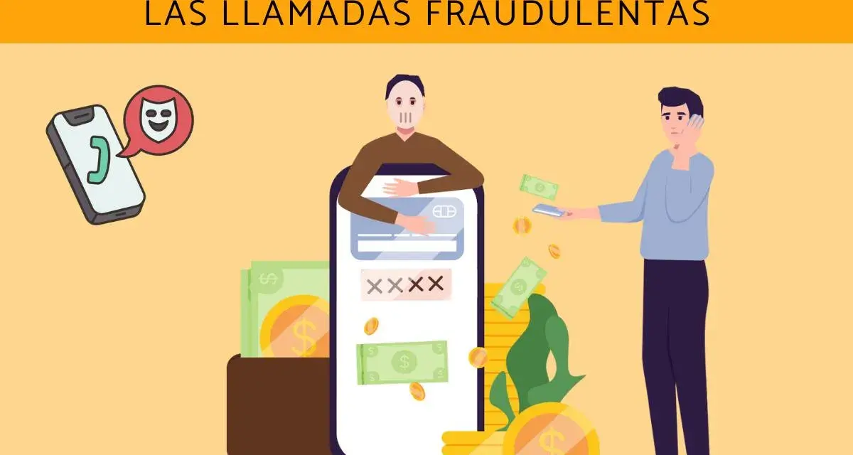 Ilustración sobre qué es el vishing, con un teléfono y un personaje que parece estafar. Dinero y tarjetas de crédito.