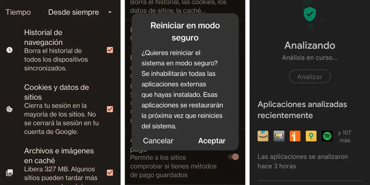 ¿Cómo saber si mi tablet tiene virus? Pantallas de configuración de privacidad y Play Protect, mostrando análisis y opciones de reinicio seguro.